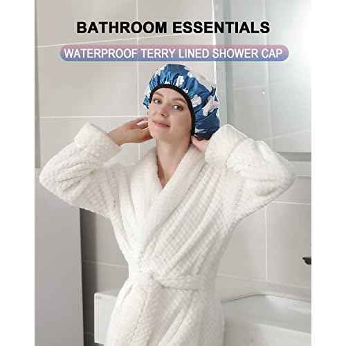 YIZIJIZI Terry Lined Shower Cap,Triple Layer Large Cap for Women,Shower Cap Reusable Waterproof,Long Thick Hair(Blue)