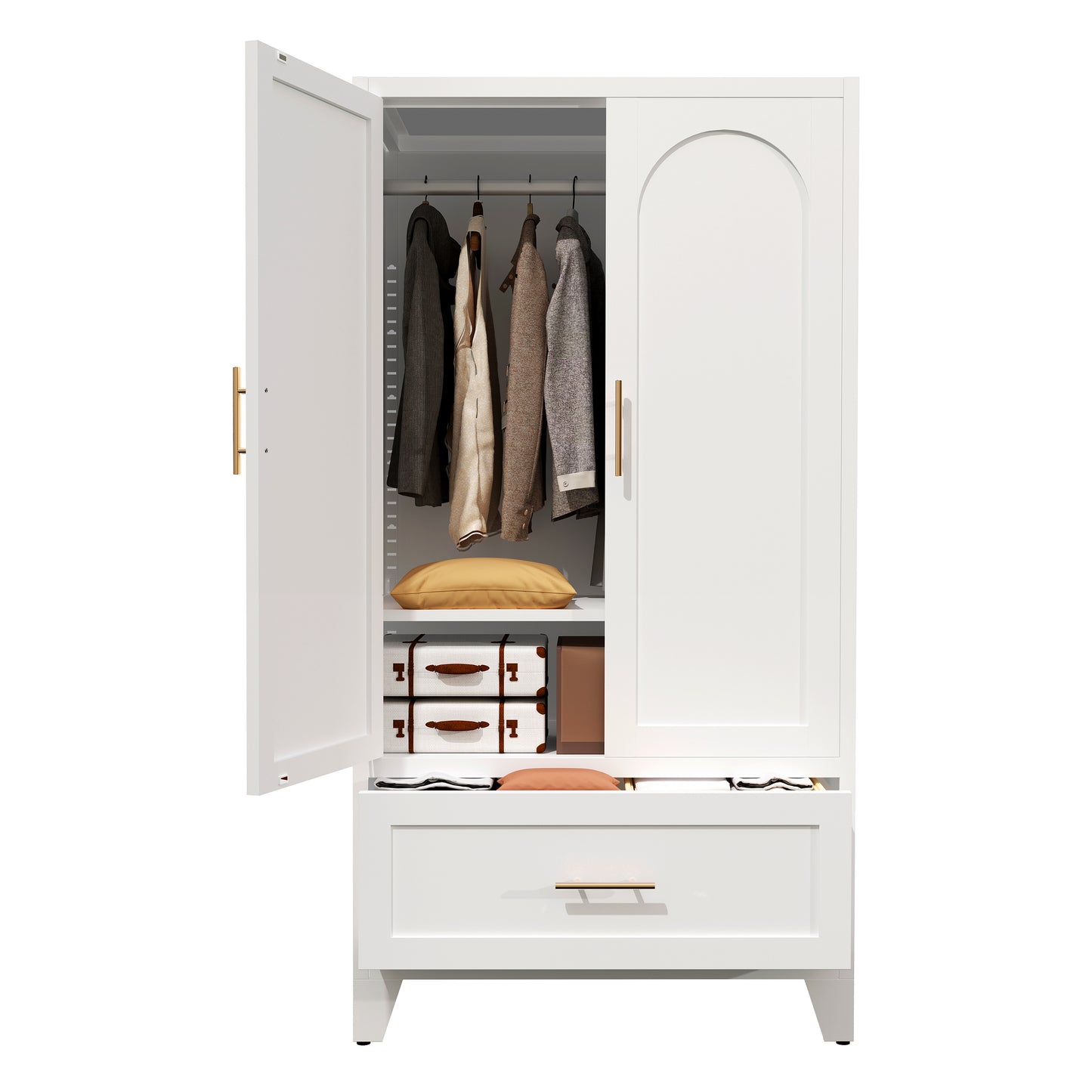 60-Inch Tall Metal Wardrobe Cabinet with Drawer & Shelf - White