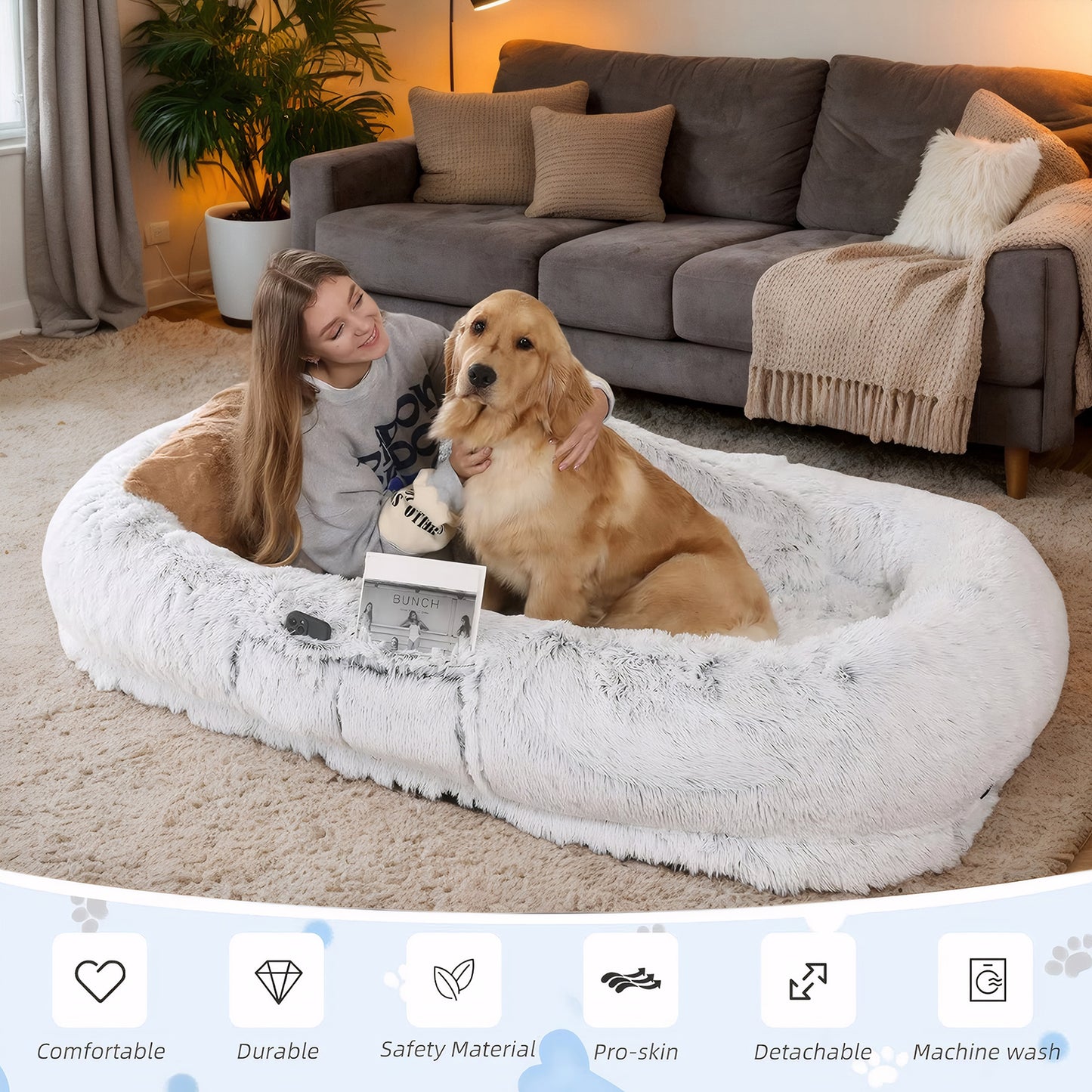 Large Human Dog Bed - Washable Faux Fur Napping Orthopedic Bed for People and Pets, 71x45x14 Grey