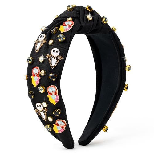 Halloween Christmas Headband for Women - Xmas Nightmare Spooky Ghost Knot Headbands Rhinestone Crystal Knotted Headband Embellished Wide Top Knot Hairbands Xmas Hair Accessories Outfits Party Gifts
