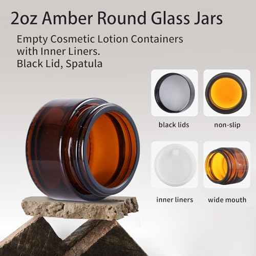 OverNews 2oz Amber Glass Jar Travel Size, 4PCS Empty Cosmetic Lotion Container with Black Lid & Spatula, Small Mini Jar for Beauty