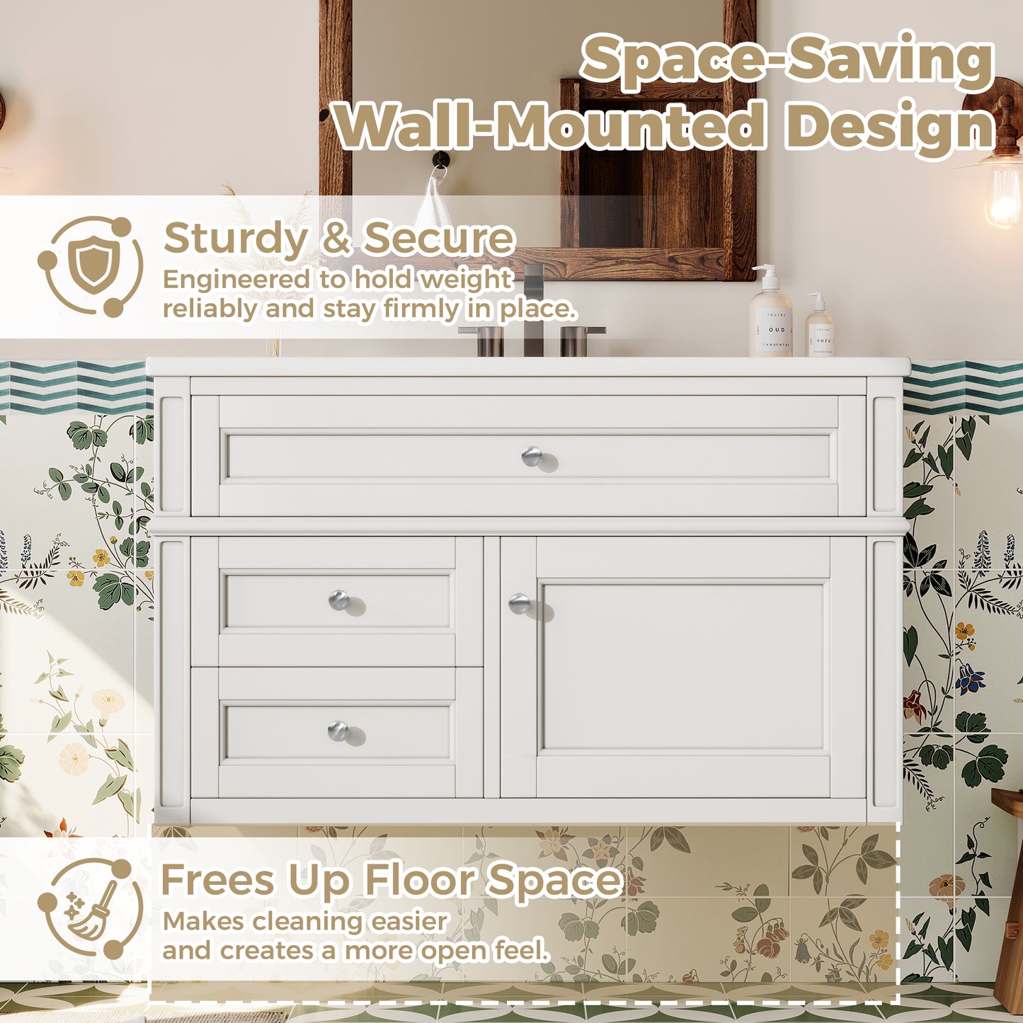 36-inch Wall Mounted Bathroom Vanity with Ceramic Sink & Drawers