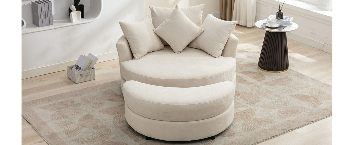 360° Swivel Accent Barrel Chair with Storage Ottoman & 4 Pillows - Cream