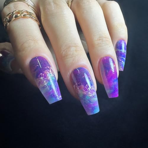 Redykat 30PCS Glossy Purple Ombre Coffin Press On Nails, Salon Quality Nail art, Gel- Like Nails, Cat Eye Nails (Purple Melody)