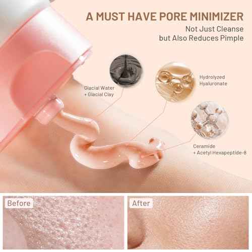 Large Pore Minimize Clay Mask, Mud Facial Mask with Sea Silt & HA - Canada Glacial Clay for Cleansing - Tightening - Pore-Purifying with Brush - Glass Skin Care Gift for Women Men, Red, 5.3 oz