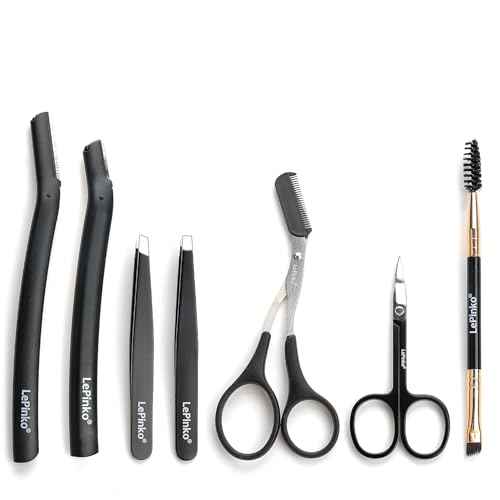 Eyebrow Trimmer Kit, 7 in 1 Eyebrow Scissors, Tweezer, Razor, Gromming Scissors Brush for Women Men, Gifts for Stocking Stuffers - Black