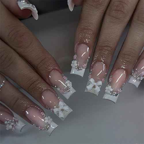 24Pcs Press On Nails Long Square Fake Nails Press Ons With Rhinestone Bow Design White French False Nails Pink Glossy Glue On Nails Full Cover Stick On Nails For Women Nail Supplies