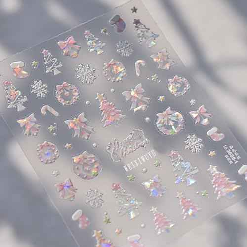 1 Sheet Pink Aurora Christmas Nail Art Sticker 5D Embossed Christmas Tree Snowflake Bowknot Cute Christmas Stocking Nail Decal Acrylic Design Women DIY Nail Salon