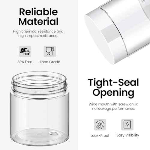 TUZAZO 24 Pack Plastic Jars with White Lids and Labels, 12pcs 8 OZ and 12pcs 4 OZ Round Clear Cosmetic Containers for Body Butter, Body Scrub, Cream, Lotion, Slime Jar, Small Items, Travel Storage