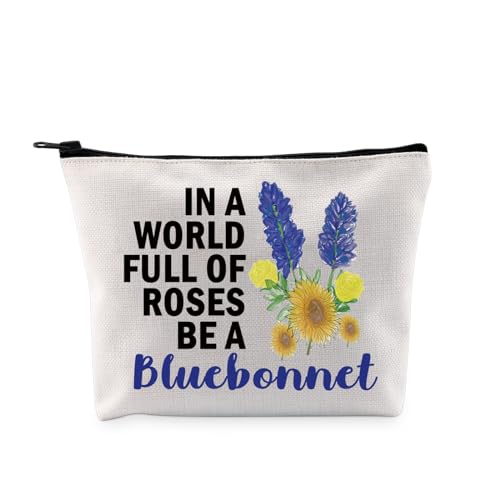 G2TUP Bluebonnet Lover Gift In A World Full Of Roses Be A Bluebonnet Makeup Bag Bluebonnet Fan Cosmetic Bag Bluebonnet Texas Pride Merch (Be A Bluebonnet MB)