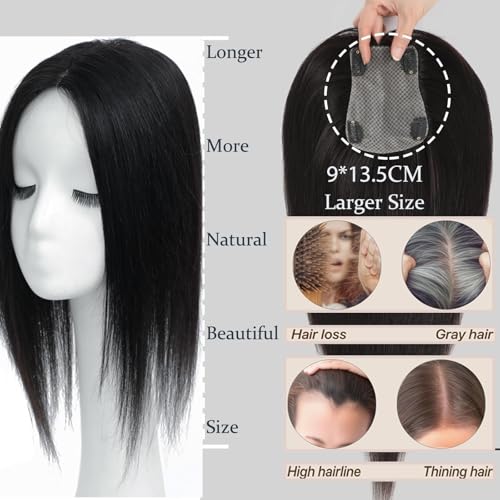 Hair Toppers for Women Real Human Hair 360¡Æ 3D Toppers with Thinning Hair Upgrade Middle Part Clip in Bangs Pieces for Women Daily (Black, 16 Inch-3D-Side)