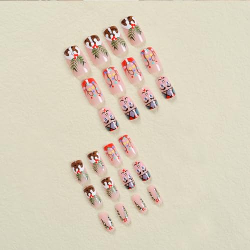 24Pcs Christmas Press on Nails Square Medium Length Fake Nails Cute Cartoon Elk Xmas Lights Stick on Nails Full Cover Acrylic False Nails with Design Winter Glue on Nails for Women DIY Christmas Nails