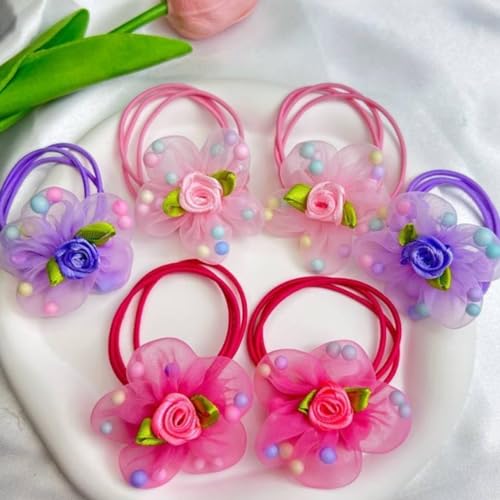 10pcs Upscale Hair Ties with Colored Pretty Flowers Beads Elastic Gauze Hair Bands Hair Accessories for Little Girls Kids Toddlers (5 Pairs)