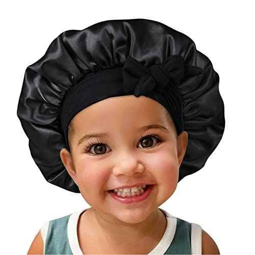 Satin Silk Bonnet Hair Cap: 2pcs Bonnets for Kids with Elastic Tie Band Adjustable Straps for Sleeping Sleep Comfortable - Stretchy Tie Band Hair Bonnets No Slip-Off (Black-Rosegold-K)