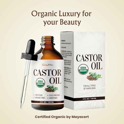 BodyJ4You Organic Castor Oil - 100% Pure Natural Cold Pressed USDA Certified Organic - Hexane Free Unrefined Non GMO - Lashes & Eyebrow Kit Mascara Tube Brush Wand Hydrating Oil - Glass Bottle 4oz