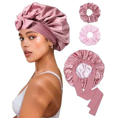 Reversible Satin Bonnet for Sleeping Women Double Layer Hair Bonnet with 2PCS Hair Scrunchies Elastic Tie Band Night Cap