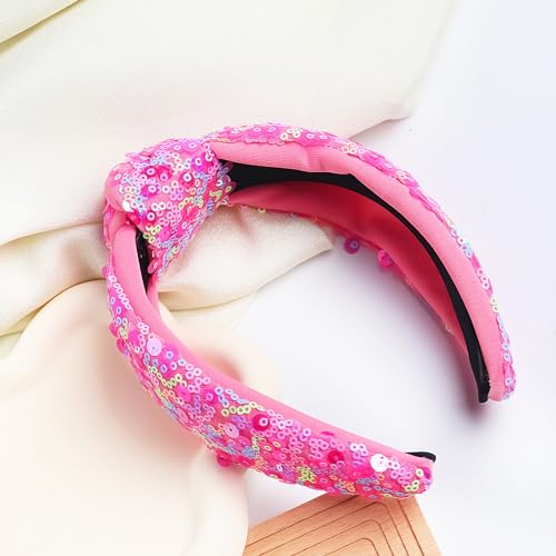 Sequin Knotted Headbands for Girls Women Fashion Sparkly Iridescent Glitters HairBands Accessories for Kids Wide Fabric Hair Bands Cute Glitter Hair Hoop for Adult (pink)