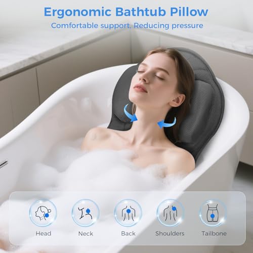 Full Body Bath Pillow for Tub, Ergonomic Bathtub Pillow for Neck and Back Support, 4D Mesh Bathtub Cushion with 10 Non-Slip Suction Cups
