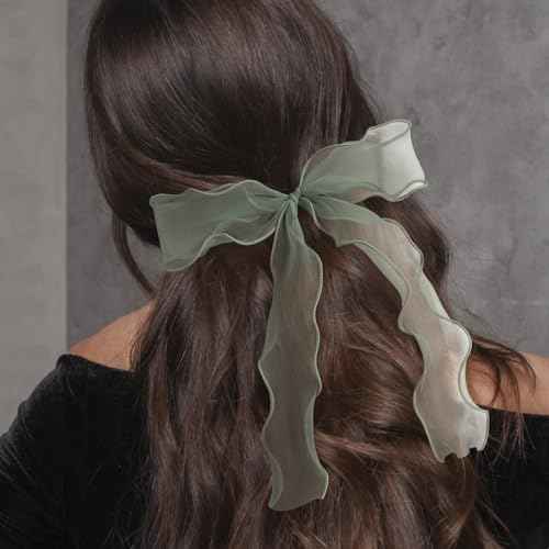2Pcs Large Bow Hair Ties, Light Green Organza Ribbon Bow Hair Scrunchies for Women, Elegant Long Tail Bowknot Ponytail Holder French Hair Accessories for Wedding, Parties, Festivals