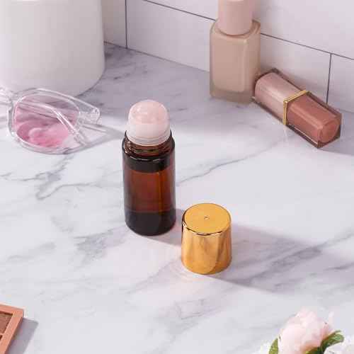 1.7oz Large Amber Glass Roll on Bottles for Essential Oils Perfume Refillable Roller Ball Applicator Empty Deodorant Containers with Pink Crystal Rollerball