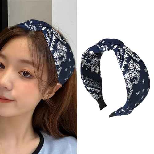 Guqqeuc Knotted Bandana Headband Paisley Boho Hairband for Women Girls Pattern Turban Head Bands for Women Wide Twist Hair Bands for Short Long Hair Accessories, Navy Blue