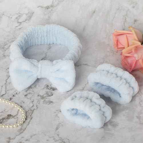 3 PCS Blue Spa Headbands and Wrist Set for Women Girls- Face Wash Headband Wristband Set, Soft Facial Spa Hair Wraps Makeup Skincare Bath Headbands Wrist Bands for Christmas, Birthday Gift