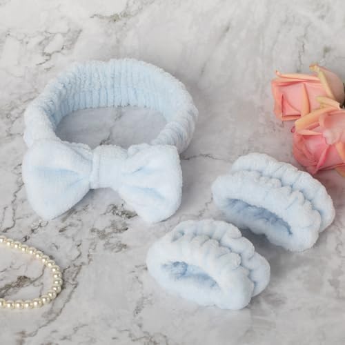 3 PCS Blue Spa Headbands and Wrist Set for Women Girls- Face Wash Headband Wristband Set, Soft Facial Spa Hair Wraps Makeup Skincare Bath Headbands Wrist Bands for Christmas, Birthday Gift