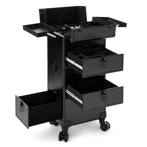 AROUS Rolling Makeup Case with 3 Drawers, Cosmetology Case on Wheels 5 IN 1 Makeup Train Case Make Up Organizer for Artist Salon Nail Teach Trunk,Black
