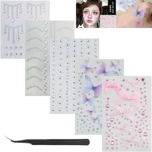 5D Self Adhesive Face Gems Pearls for Makeup, 5 Sheets 3D Bow Moon Butterfly Shape Hair Jewels Diamonds with Tweezers, Bling Rhinestone Stickers for Crafts,Face,Nail (Pink,Purple,Blue,White)