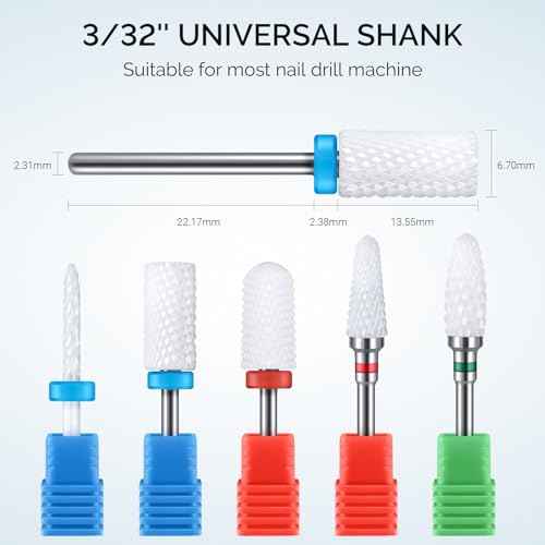 MelodySusie Ceramic Nail Drill Bits Set, 3/32'' (2.35mm) Professional Acrylic Nail File Drill Bit for Manicure Pedicure Cuticle Gel Nail Polishing 5Pcs