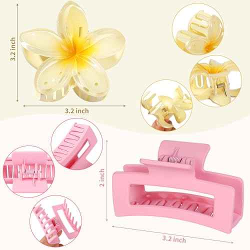 Flower Hair Clips for Women Square Claw Clips for Girls 2 Styles Hair Claw Clips for Thick or Thin Hair 6 PCS Hawaiian Hibiscus Rectangle Large Plumeria Medium Hair Accessories for Women (Pink)
