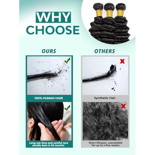 12A Deep Wave Human Hair Bundles 14 14 14 Inch Raw Curly Bundles Human Hair 100% Unprocessed 3 Bundles Brazilian Virgin Human Hair Extensions Quick Weave Natural Black Color