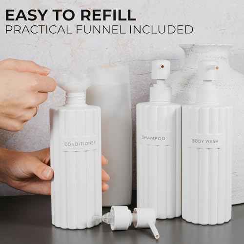 Stylish Shampoo and Conditioner Dispenser Set of 3 - Modern 19oz Shower Soap Bottles with Pump and Labels - Easy to Refill Body Wash Dispensers for an Instant Bathroom Decor Upgrade