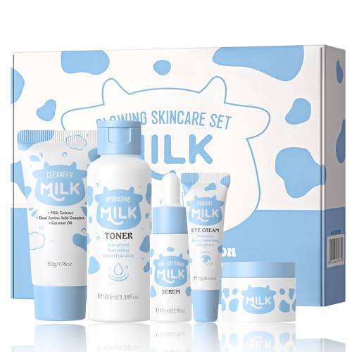 5PCS Milk Skin Care Set for Kids & Women ? Skin Care for Teens 10-12, Skincare for Girls 10-12, Milk Skincare Set with Cleanser, Toner, Serum, Face Cream & Eye Cream ? Gentle Daily Hydration Routine