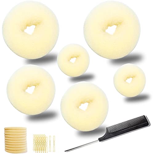 Hair Bun Maker Set (37pcs), Includes 2 Large, 2 Medium, 2 Small Donut Bun Makers, 10 Elastic Hair Ties, 20 Bobby Pins, 1 Comb (Beige)