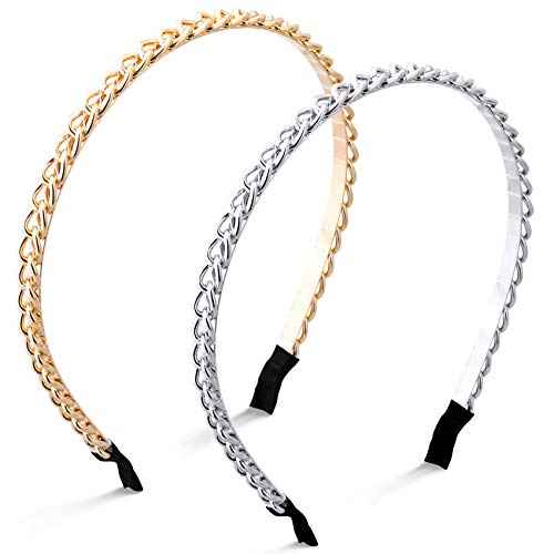 PAGOW 2Pcs Women Chained Headband Fashion, Gold Metal Thin Headbands for women Girls, Beauty Silver Headbands Hair Hoops Hair Accessories (Gold/Silver)