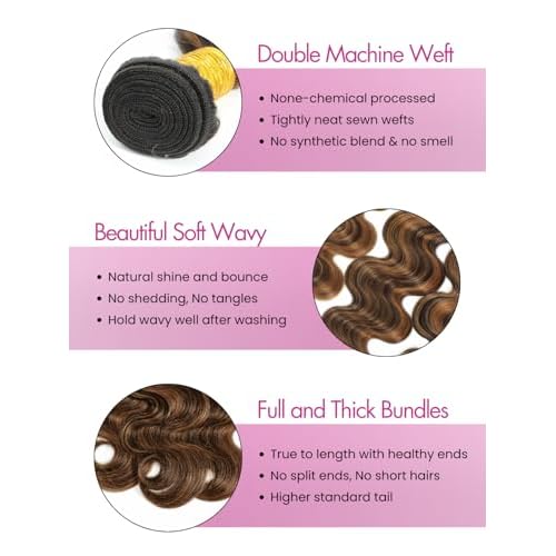 Honey Blonde Highlight Bundles Human Hair Body Wave, 12A Thick F1B/30 Highlight Black and Brown Colored Quick Weave 100% Brazilian 12A Unprocessed Remy Hair Double Weft 3 Bundles 10/12/14 Inch