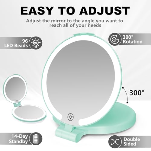 6.3 Inch Rechargeable Folding 10x Magnification Double Sided Makeup Mirror with Lights, Portable Travel Mirror for Women with Nearsightedness | Travel Essentials for Women