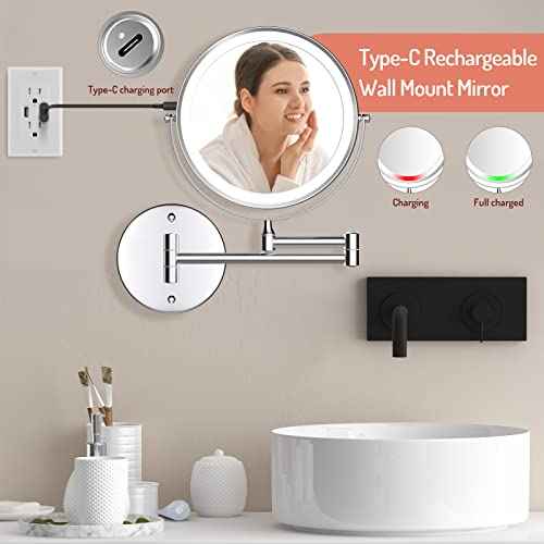 Rocollos Rechargeable Wall Mounted Lighted Makeup Mirror Chrome, 8 Inch Double-Sided LED Vanity Mirror 1X/10X Magnification,3 Color Lights Touch Screen Dimmable 360¡ÆSwivel 13 Inch Extendable