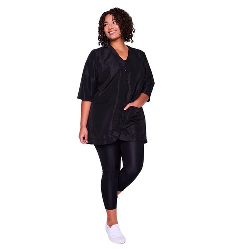 A Size Above Plus Size Salon Stylist Jacket, Cut for Curves, Three-quarter Length Sleeves, Button Down Front, Two Lower Front Pockets, Lightweight, Water Resistant Nylon/Poly, Black, 3X