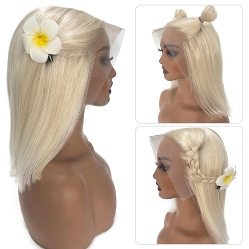 Ubetta White Blonde Lace Front Bob Wig Human Hair, Platinum Blonde 13x6 Lace Front Wigs Human Hair Pre Plucked White Blond Bob Wigs for Women 14 Inch 180% Density Bleachd Knots Swiss HD Lace