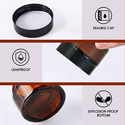 1oz Glass Jar with Lid, Hoa Kinh 25Pack Amber Round Containers Cosmetic Glass Jars with Inner Liners and Black Lids Travel Jars for Storing Lip and Body Scrub, Lotion, Body Butter, Bath Salts, Liquid
