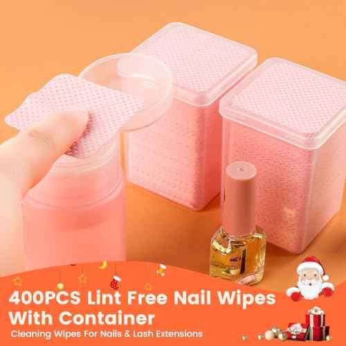 400PCS Lint Free Nail Wipes with Dispenser - Gel Nail Polish Remover Wipes with Acetone Dispenser,Lash Extensions Glue Cleaning Wipe with 1PCS Empty Pump Dispenser Bottle Nail Supplies