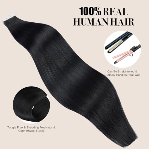 Tape in Hair Extensions £¬Real Human Hair Extension,Jet black Human Hair 22 inch 20pcs 50g,Thick Ends Straight Seamless, Invisible Tape in Hair Extensions Human Hair