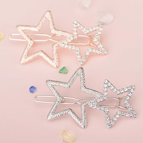 2Pcs Hollow Star Hair Clips, Non-Slip Metal Geometric Hairpin, Elegant Rhinestone Hair Barrettes for Women Lady Girls Styling Hair Accessories (Silver)