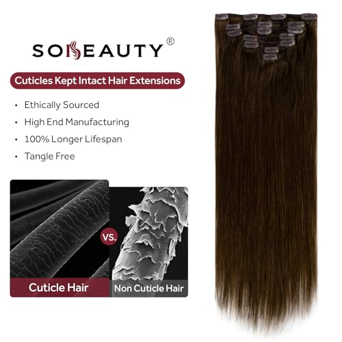 Clip in Hair Extensions Real Human Hair, 100% Remy Chocolate Brown Hair Extensions for Long Hair, Tangle-free&Shedding-free, #4 20Inch 120G 7PCS