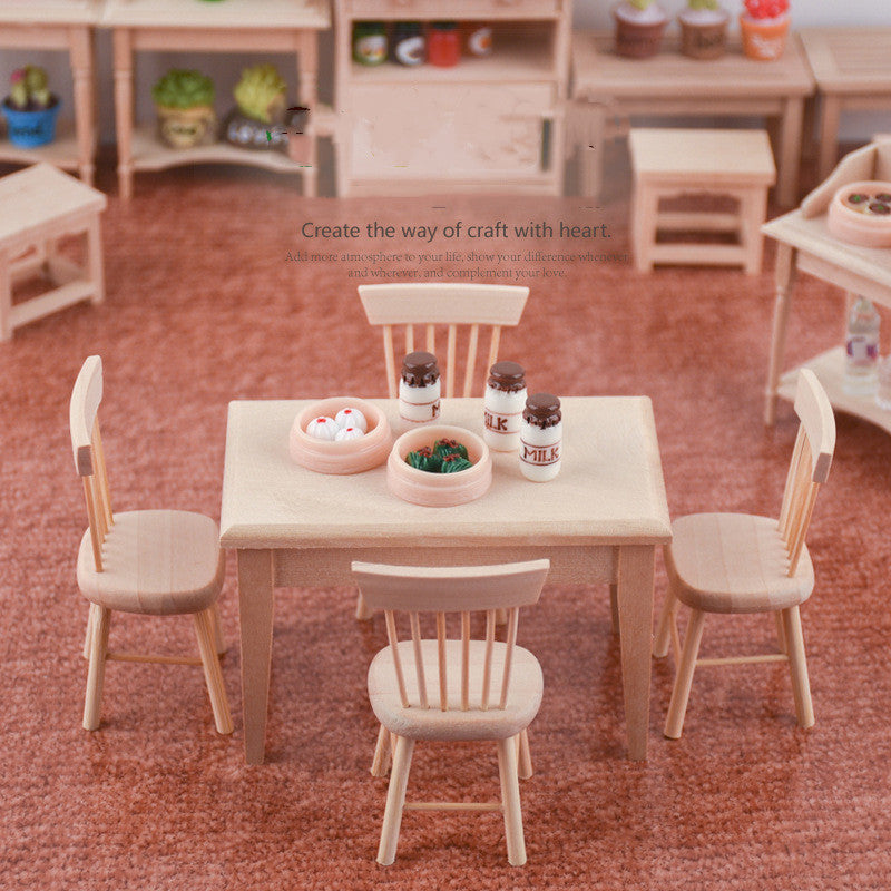Miniature Wooden Dollhouse Furniture Set with Tables and Chairs - Handcrafted Kids Play Decor
