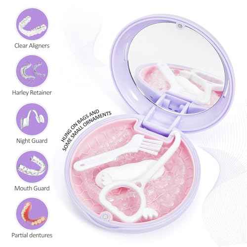 Retainer Case with Mirror and Lanyard,Slim Aligner Case with Vent Holes,Cute Dental Brace Box with Retainer Removal Tool and Brush (Purple Pink with Lanyard)