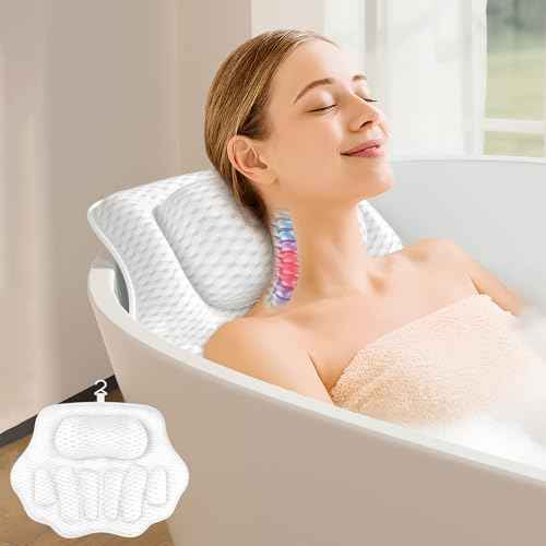 Bath Pillows for Tub, Ergonomic Bathtub Pillow for Head & Neck Relaxation, 4D Air Mesh Bath Cushion with 6 Non-Slip Suction Cups, Fits All Bathtubs (White)