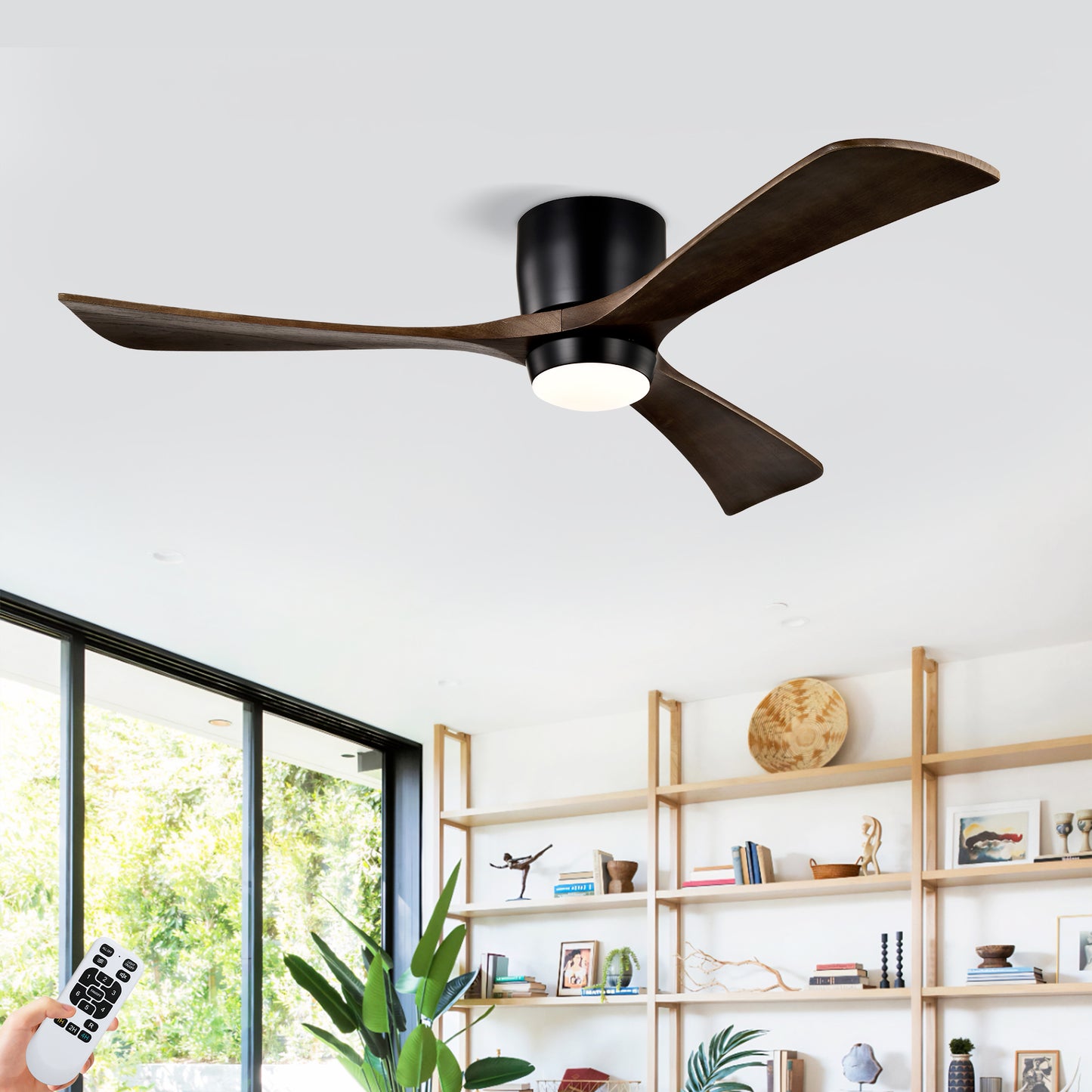 52" Flush Mount Ceiling Fan with Lights & Remote Control - Matte Black